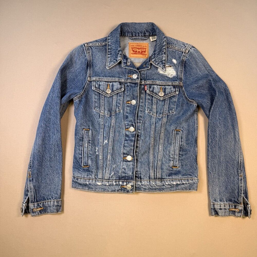 Levis Original Trucker Jacket Womens XS Blue Denim Distressed 29945-0135 EUC